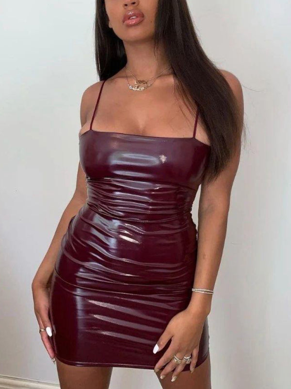 Party Dresses- Faux Leather Bodycon Cami Mini Dress for Nights Out- Wine Red- Pekosa Women Clothing