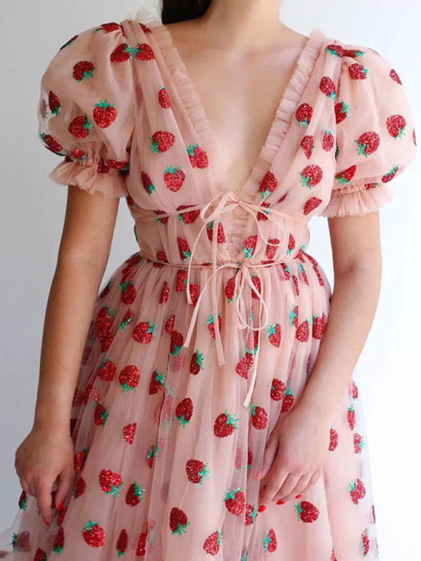 Party Dresses- Frill Tulle Strawberry Plunge Midi Dress- - Pekosa Women Clothing