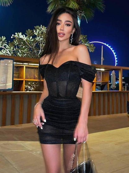 Party Dresses- Glam Party Ruched Bodycon Off-Shoulder Corset Mini Dress- Black- Pekosa Women Clothing