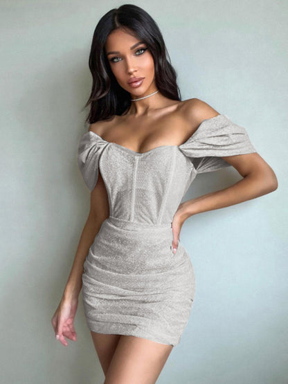 Party Dresses- Glam Party Ruched Bodycon Off-Shoulder Corset Mini Dress- - Pekosa Women Clothing