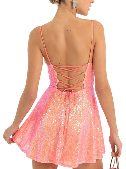 Party Dresses- Glitter Lace-Up Back Sparkly Evening Swing Mini Dress- - Pekosa Women Clothing