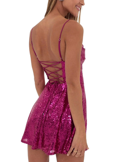 Party Dresses- Glitter Lace-Up Back Sparkly Evening Swing Mini Dress- - Pekosa Women Clothing