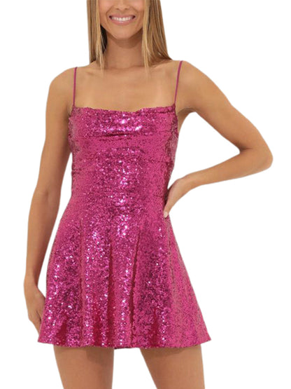 Party Dresses- Glitter Lace-Up Back Sparkly Evening Swing Mini Dress- - Pekosa Women Clothing