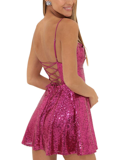 Party Dresses- Glitter Lace-Up Back Sparkly Evening Swing Mini Dress- - Pekosa Women Clothing