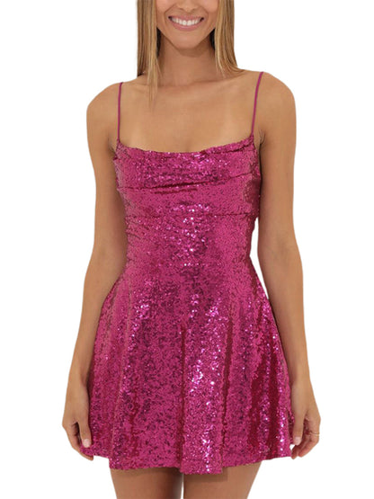 Party Dresses- Glitter Lace-Up Back Sparkly Evening Swing Mini Dress- - Pekosa Women Clothing