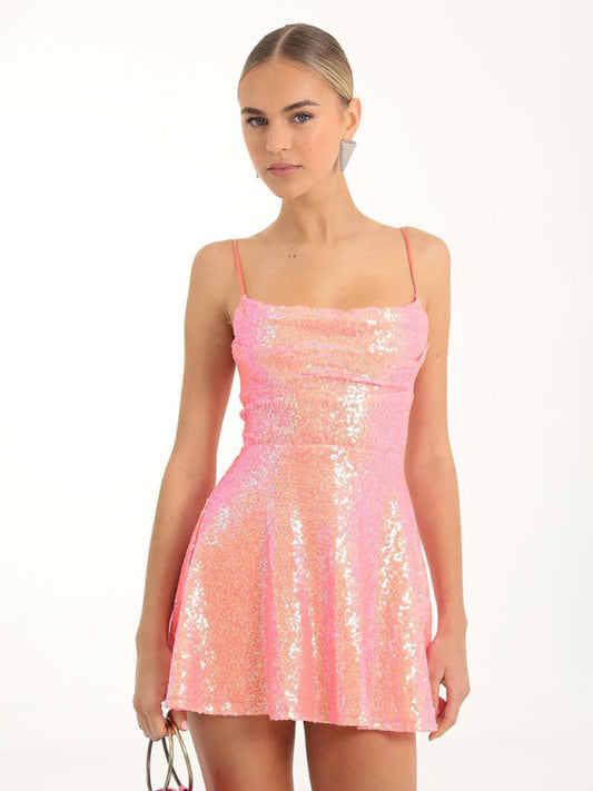 Party Dresses- Glitter Lace-Up Back Sparkly Evening Swing Mini Dress- Pink- Pekosa Women Clothing