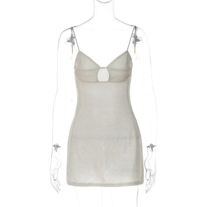 Party Dresses- Glitter Party Cami Cutout Cami Bustier Mini Dress- Beige- Pekosa Women Clothing