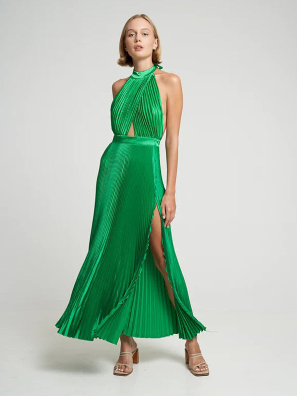 Party Dresses- Halterneck Elegant Satin Plisse Cocktail Midi Dress- Green- Pekosa Women Clothing