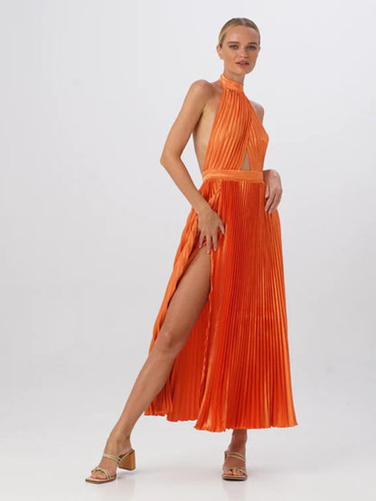 Party Dresses- Halterneck Elegant Satin Plisse Cocktail Midi Dress- Orange- Pekosa Women Clothing