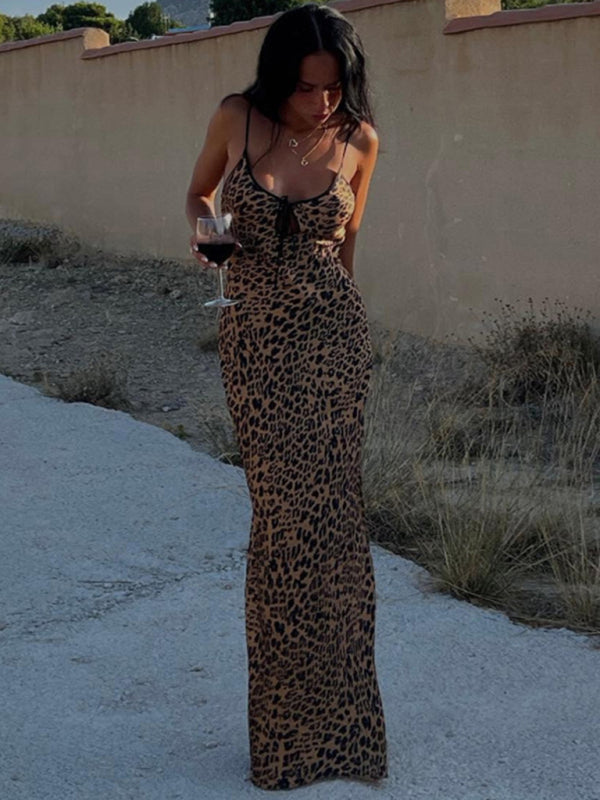 Party Dresses- Leopard Print Sheath Cami Maxi Dress for Party- - Pekosa Women Clothing