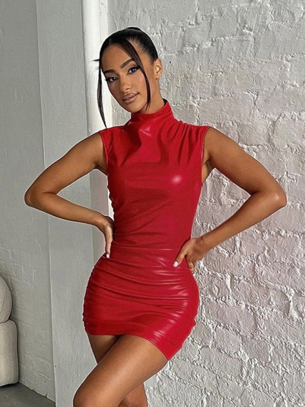 Party Dresses- Nightlife Diva Party Clubbing Faux Leather Bodycon High Neck Mini Dress- - Pekosa Women Clothing