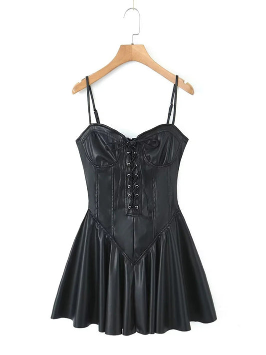 Party Dresses- PU Leather Bustier Corset Cami Mini Dress- Black- Pekosa Women Clothing