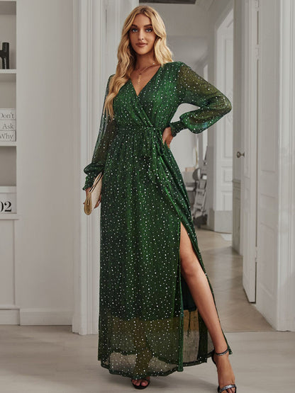 Party Dresses- Sparkle A-Line Surplice V-Neck Maxi Dress for Wedding Celebrations- Green- Pekosa Women Clothing