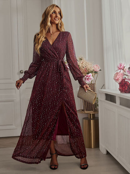 Party Dresses- Sparkle A-Line Surplice V-Neck Maxi Dress for Wedding Celebrations- Wine Red- Pekosa Women Clothing