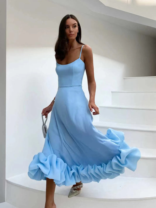 Party dresses- Elegant Bustier Flounce Hem Cami Midi Dress- Sky blue azure- Pekosa Women Clothing