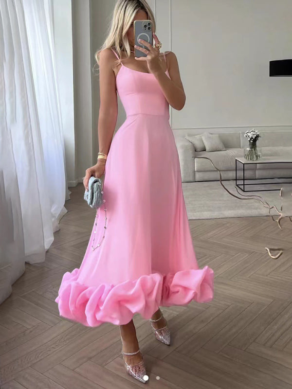 Party dresses- Elegant Bustier Flounce Hem Cami Midi Dress- Pink- Pekosa Women Clothing