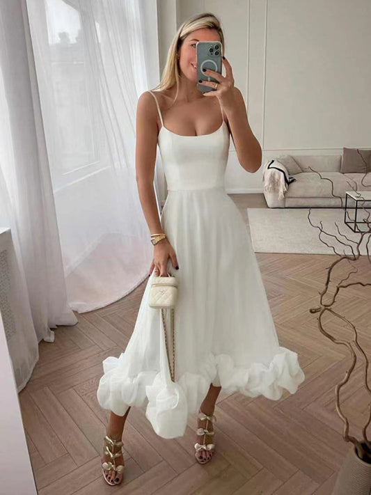 Party dresses- Elegant Bustier Flounce Hem Cami Midi Dress- White- Pekosa Women Clothing