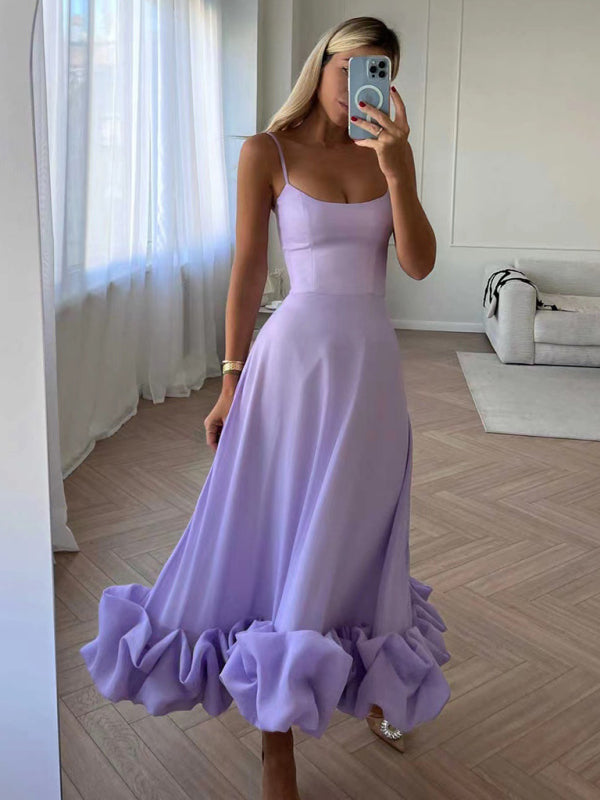 Party dresses- Elegant Bustier Flounce Hem Cami Midi Dress- Purple- Pekosa Women Clothing