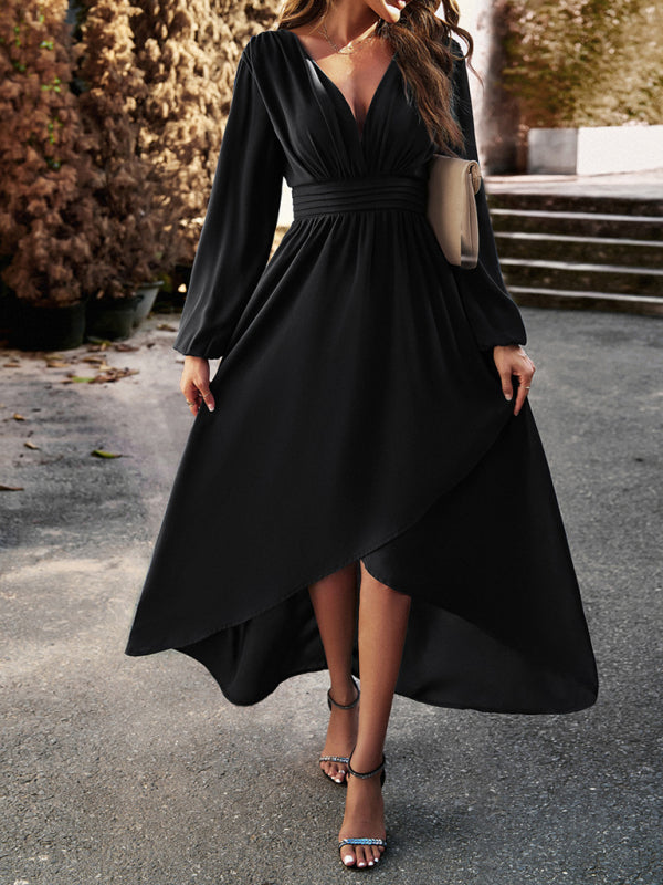 Party dresses- Elegant Long Sleeve Pleated Waist High-Low Dress- - Pekosa Women Clothing