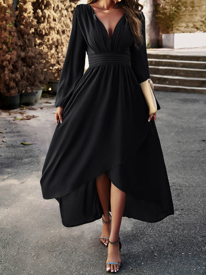 Party dresses- Elegant Long Sleeve Pleated Waist High-Low Dress- Black- Pekosa Women Clothing