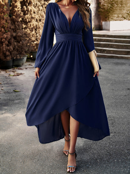 Party dresses- Elegant Long Sleeve Pleated Waist High-Low Dress- Champlain color- Pekosa Women Clothing