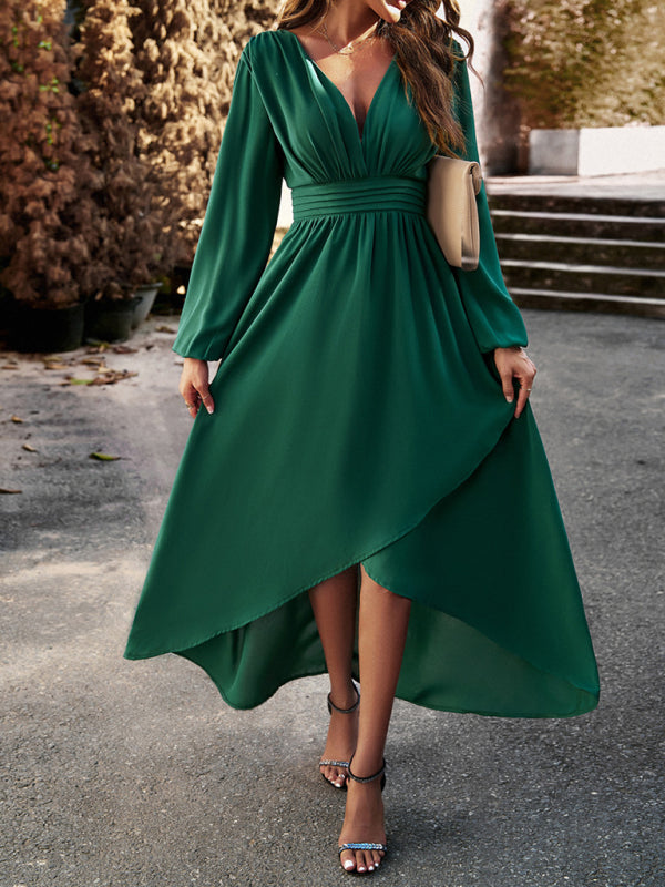 Party dresses- Elegant Long Sleeve Pleated Waist High-Low Dress- Green- Pekosa Women Clothing