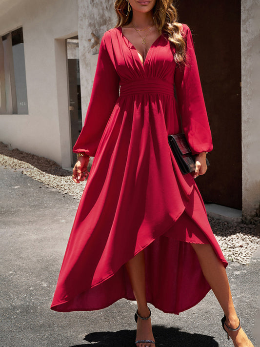 Party dresses- Elegant Long Sleeve Pleated Waist High-Low Dress- Red- Pekosa Women Clothing