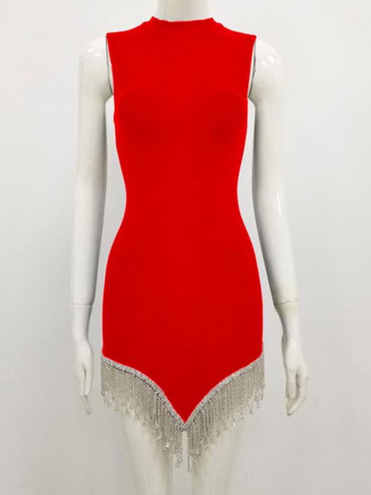 Party dresses- Flapper Sleeveless Rhinestone Fringe Bodycon Dress for Night Out- Red- Pekosa Women Clothing
