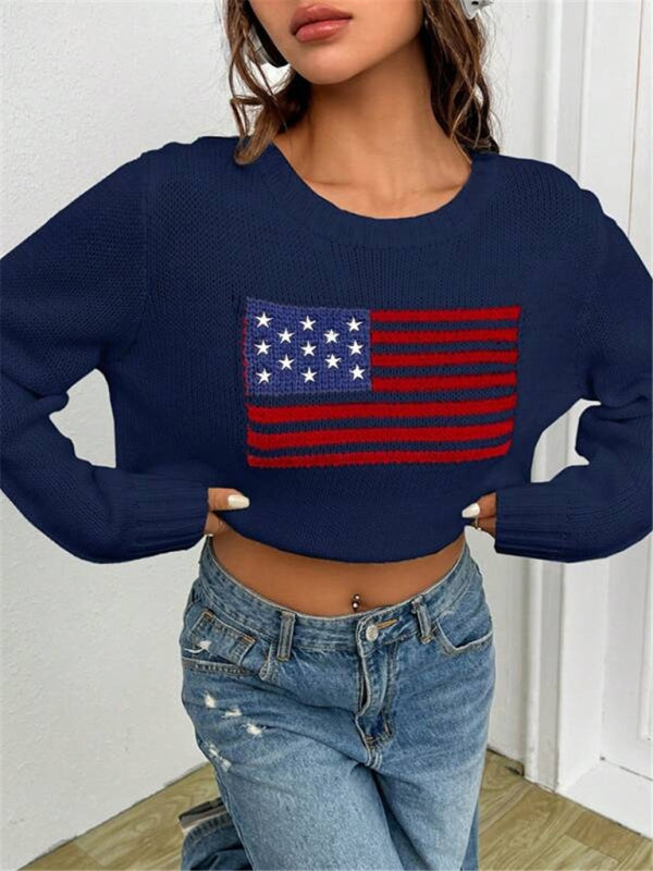 Patriotic Sweater- Patriotic Sweater with American Flag Print- - Pekosa Women Clothing