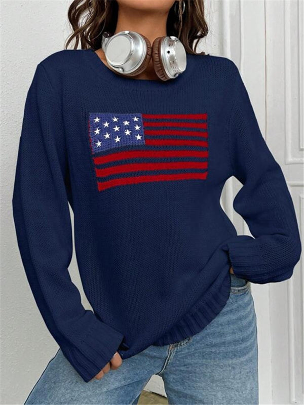 Patriotic Sweater- Patriotic Sweater with American Flag Print- Blue- Pekosa Women Clothing