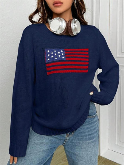 Patriotic Sweater- Patriotic Sweater with American Flag Print- - Pekosa Women Clothing