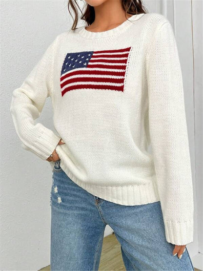 Patriotic Sweater- Patriotic Sweater with American Flag Print- - Pekosa Women Clothing