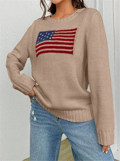 Patriotic Sweater- Patriotic Sweater with American Flag Print- - Pekosa Women Clothing