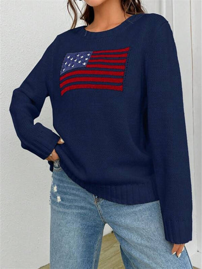 Patriotic Sweater- Patriotic Sweater with American Flag Print- - Pekosa Women Clothing