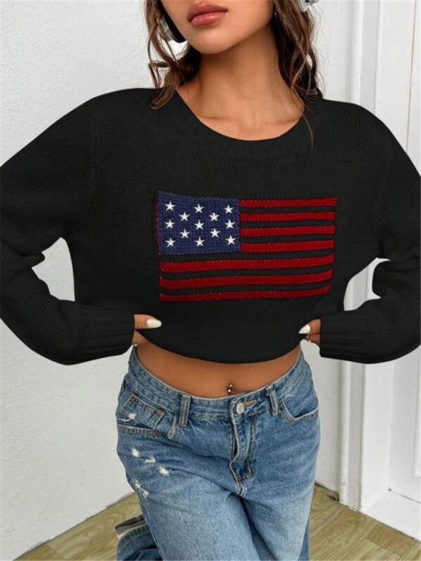 Patriotic Sweater- Patriotic Sweater with American Flag Print- - Pekosa Women Clothing