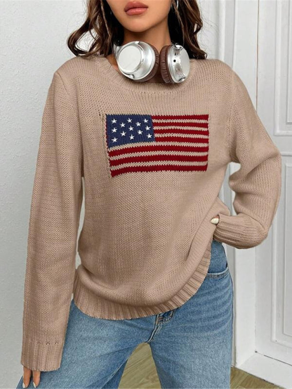 Patriotic Sweater- Patriotic Sweater with American Flag Print- - Pekosa Women Clothing