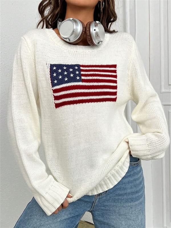 Patriotic Sweater- Patriotic Sweater with American Flag Print- White- Pekosa Women Clothing