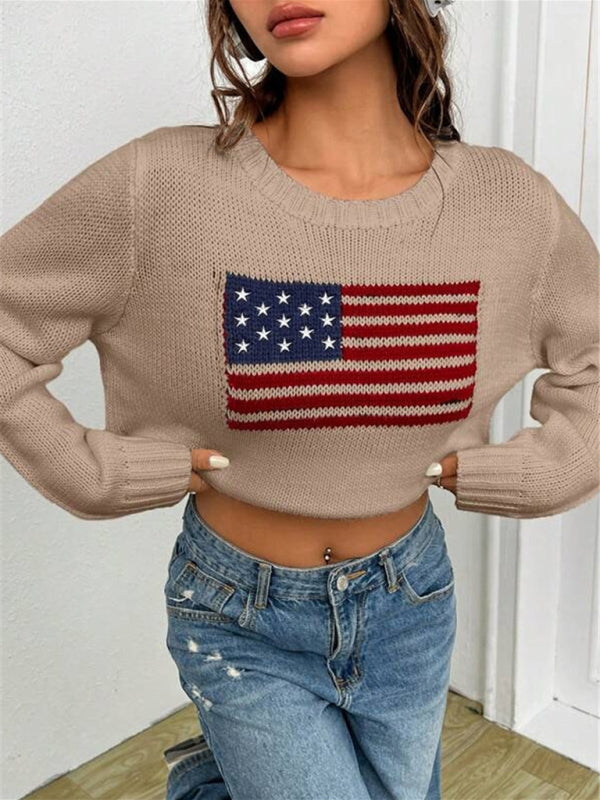 Patriotic Sweater- Patriotic Sweater with American Flag Print- - Pekosa Women Clothing