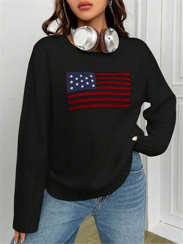 Patriotic Sweater- Patriotic Sweater with American Flag Print- - Pekosa Women Clothing