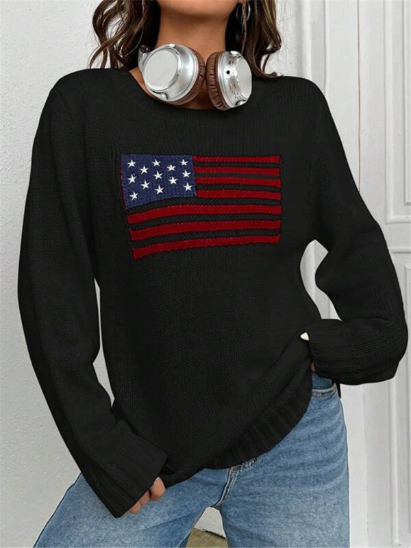 Patriotic Sweater- Patriotic Sweater with American Flag Print- Black- Pekosa Women Clothing