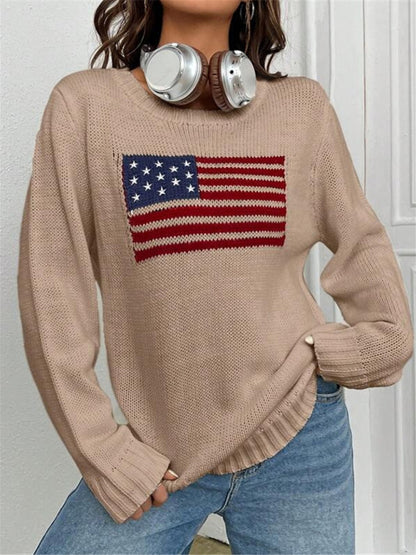 Patriotic Sweater- Patriotic Sweater with American Flag Print- Khaki- Pekosa Women Clothing