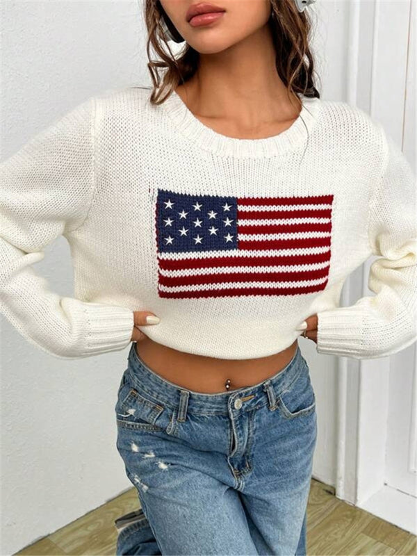 Patriotic Sweater- Patriotic Sweater with American Flag Print- - Pekosa Women Clothing