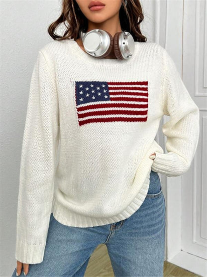 Patriotic Sweater- Patriotic Sweater with American Flag Print- - Pekosa Women Clothing