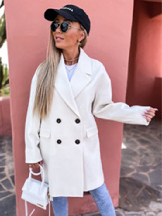 Peacoats- Solid Wool Blend Notch Peacoat for Every Outing- White- Pekosa Women Clothing