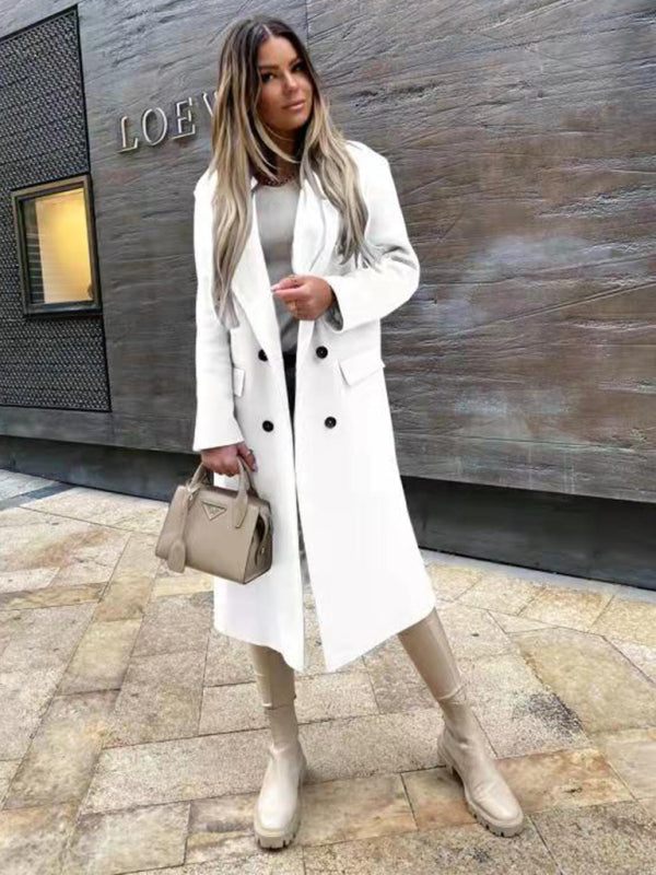 Peacoats- Wool Notch Collar Longline Pea Coat- White- Pekosa Women Clothing