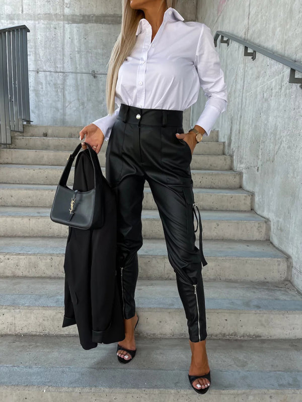 Pencil Pants- High Waist Pencil Flap Zip-Up Pants in Faux Leather- Black- Pekosa Women Clothing