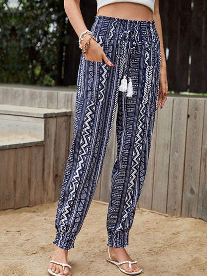 Women's Tribal Print Pants - High Smocked-Waist Summer Pencil Trousers