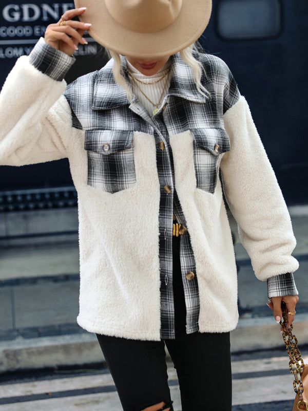 Plaid Bear Jackets- Teddy Bear Plaid Fluffy Fleece Jacket- White- Pekosa Women Clothing