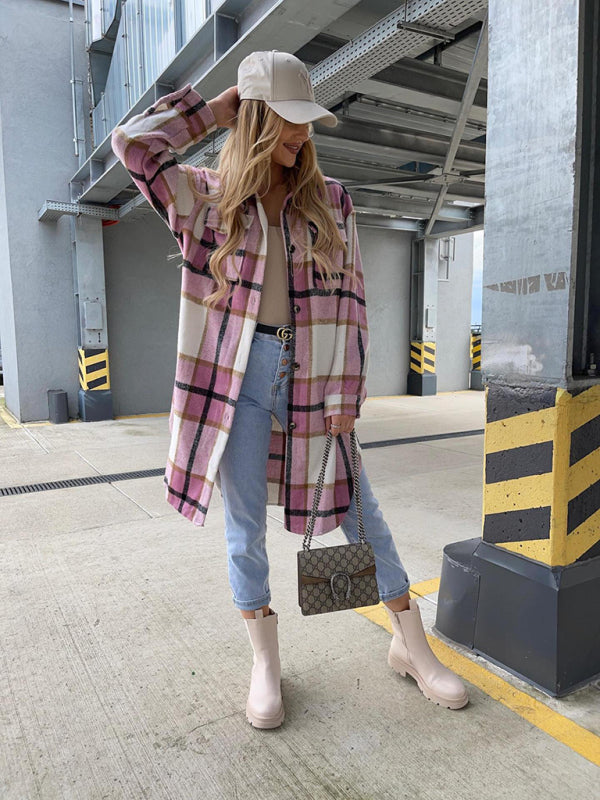 Plaid Coats- Winter Plaid Button-Up Collared Long Jacket- - Pekosa Women Clothing