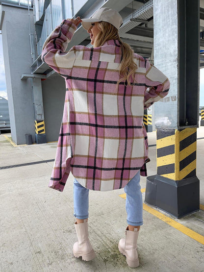 Plaid Coats- Winter Plaid Button-Up Collared Long Jacket- - Pekosa Women Clothing